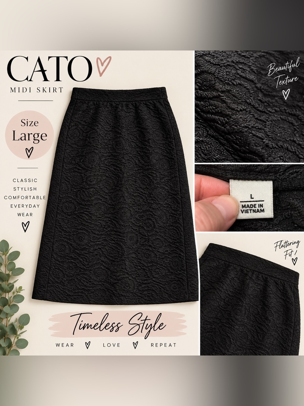 Cato Black A-Line Midi Skirt Size Large